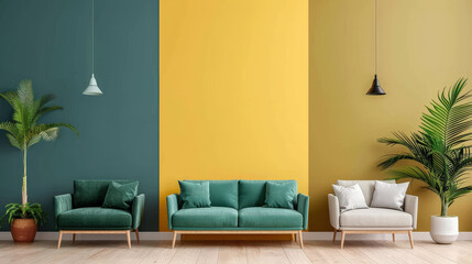 stylish interior featuring soft turquoise sofas against light yellow wall, complemented by greenery. modern design creates refreshing and inviting atmosphere