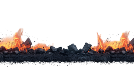 A fiery scene with flames rising above dark, rocky ground, creating a dramatic contrast against a black background.