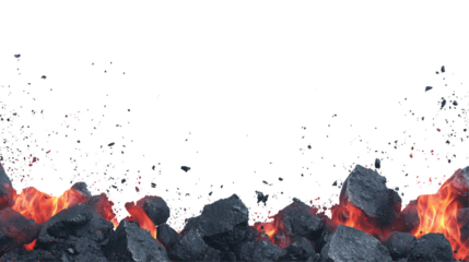 A fiery scene featuring glowing lava and dark rocks against a black background, creating a dramatic and intense atmosphere.