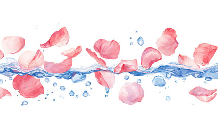 A serene illustration of pink rose petals floating on water, set against a black background, evoking tranquility and beauty.