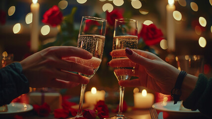 Cute couple celebrating Valentine’s Day, holding hands lovingly during romantic dinner. Red roses, gift, candles and glasses of champagne. Concept about lifestyle, people and celebrations.