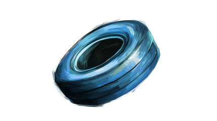 A close-up image of a blue tire highlighting its circular shape and rubber texture against a black background.