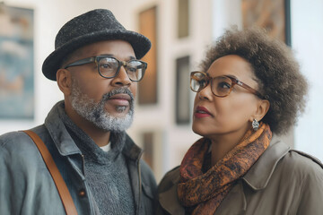 Art loving couple spending their free time visiting a contemporary art gallery