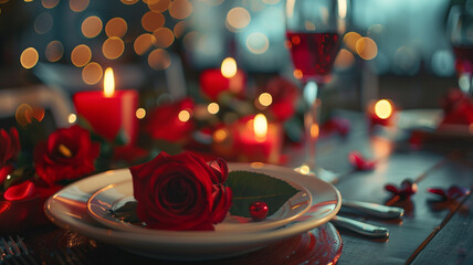Festive table setting in dining room decorated for Valentine's Day