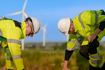 Two engineers in high visibility jackets and helmets are inspecting a wind farm. One is holding a mobile device, while the other is equipped with ropes for climbing, with turbines visible