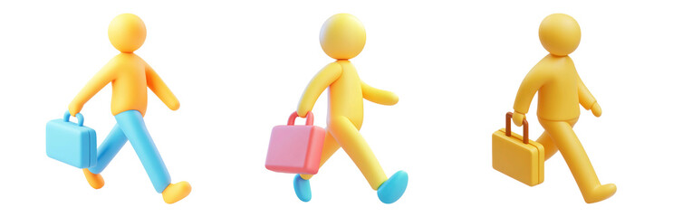 PNG Stick Figures Walking with Briefcases - 3D icons and objects collection, in cartoon style isolated on transparent background