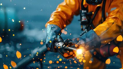 Underwater commercial diver cutting through pipes, creating sparks in dynamic marine environment. divers bright yellow suit contrasts with deep blue water, showcasing intensity of work