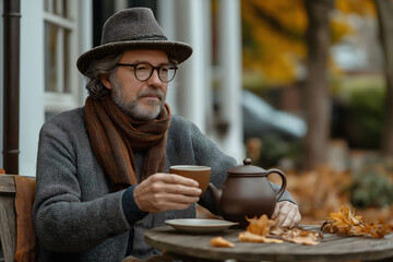Stylish mature man wearing a hat and scarf enjoying a cup of tea at a wooden table in a garden on a fall day