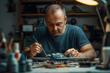 Model maker is carefully painting a model airplane with a small brush in his workshop