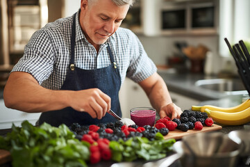 Mature man wearing an apron is garnishing a healthy berry smoothie with fresh blackberries in his kitchen