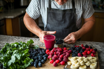 Senior man wearing an apron is adding blackberries to a smoothie he is preparing in his kitchen