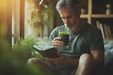 Relaxed mature man is enjoying a healthy green smoothie while reading a book at home