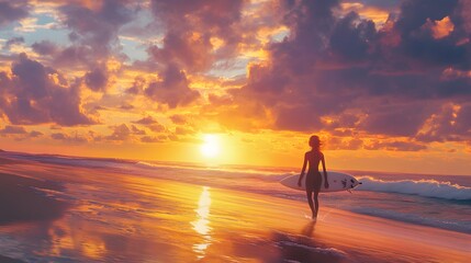Smiling woman with surfboard walking on beach during sunset. 