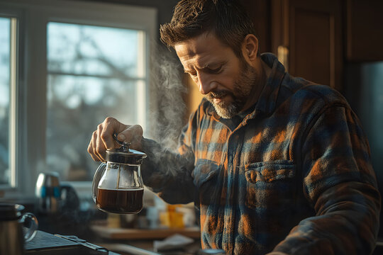 Man is pouring coffee from a french press coffee maker in his kitchen, illuminated by warm morning sunlight