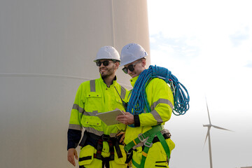 Two engineers in high visibility gear stand near a wind turbine, reviewing a clipboard and preparing for maintenance work. The image highlights teamwork, safety, and renewable energy sector.