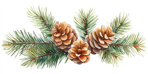 Watercolor illustration of a pine branch with three pine cones. (1)