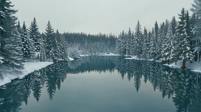 Serene Winter Woods Water Cinematic Aerial Drone Footage Muted Tones Vibes snow landscape beautiful film light cold forest snowfall driftwood frost ather thick pine monotone