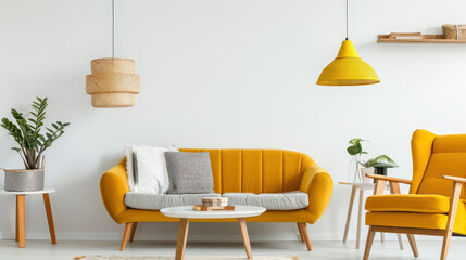 bright and inviting contemporary living room featuring yellow sofa, stylish pendant lights, and greenery. pastel shades create warm and cozy atmosphere