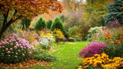 A garden in autumn, filled with trees in vibrant fall colors and various blooming flowers, with fallen leaves scattered around