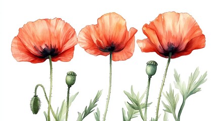 Three red poppies with green stems and buds on a white background.