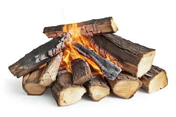 Gordijnen Campfire isolated on white background. Closeup of a pile of firewood burning with orange and yellow flames © deny