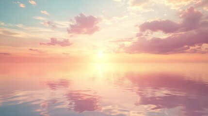Fototapeta premium A breathtaking sunset over a calm sea, with soft, pastel colors and a hazy atmosphere. The sun is low on the horizon, casting a warm glow on the water.