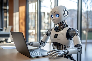 A humanoid robot sitting at an office desk, AI generated