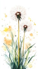 Obraz premium Watercolor painting of two dandelion flowers with white seeds and yellow pollen on white background.