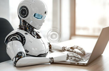 A humanoid robot sitting at an office desk, AI generated