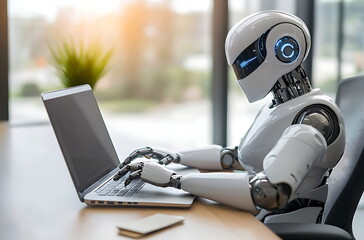 A humanoid robot sitting at an office desk, AI generated