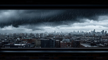 Dark rain clouds gather over city skyline, creating dramatic and moody atmosphere. rain falls steadily, enhancing urban landscapes somber tone