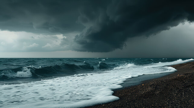Dark storm clouds loom over tranquil beach, creating dramatic contrast with rolling waves. scene evokes sense of impending change and natures power