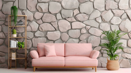 Obraz premium stylish interior featuring pastel coral sofa against decorative grey stone wall, complemented by green plant and wooden shelf. This setup creates cozy and inviting atmosphere