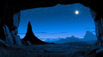 Nighttime Mountain Landscape View From Cave Entrance With Moon And Stars