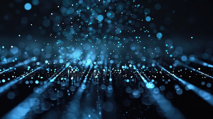 Fototapeta premium mesmerizing display of blue particles creates dynamic and vibrant atmosphere, resembling digital landscape filled with shimmering lights. interplay of light and depth evokes sense of movement and