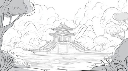 Naklejka premium Chinese Temple Landscape Sketch Asian Architecture Design Illustration
