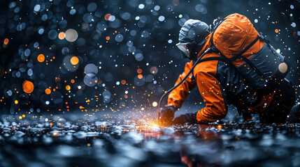 Fototapeta premium diver is cutting steel plates underwater, surrounded by glowing sparks and bubbles, creating mesmerizing scene filled with vibrant colors and dynamic energy