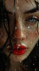 Close-Up Portrait of a Woman with Water Droplets on Her Face