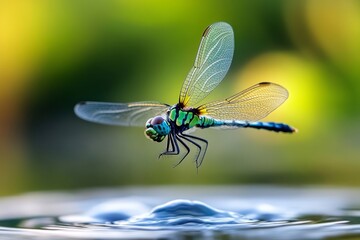 A dragonfly hovering over a pond, its transparent wings catching the light as it skims the water's surface