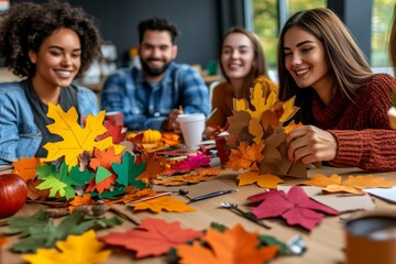 A group of friends crafting autumn decorations together, surrounded by colorful materials and hot drinks