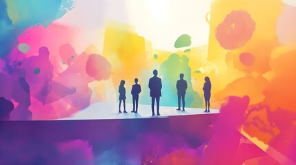 Fototapeta premium Silhouettes of People Standing on a Platform with Colorful Watercolor Background