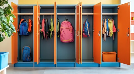 Open Student Lockers at School: A Scene Featuring School Lockers with Open Doors Displaying Student Equipment, Educational Supplies, and Sports Accessories for Active Learning and Recreation