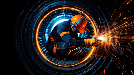 Diver cutting through submerged steel pipeline, sparks flying in dark environment. scene captures intensity and focus of work being done