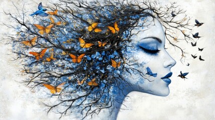 Abstract Woman with Butterflies and Birds  Nature Inspired Artwork
