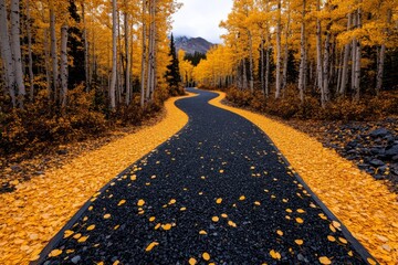 Autumn forest path lined with golden trees, creating a peaceful and inviting scene for a fall banner
