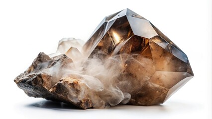 Geological rock featuring smoky quartz on a white background panorama