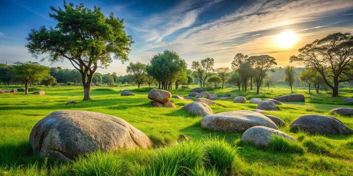 A serene landscape of rolling green hills dotted with massive boulders and a cluster of trees bathed in the golden glow of a setting sun.
