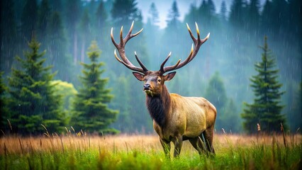 Obraz premium A majestic elk stands in a meadow, its antlers reaching towards the sky, as rain falls around it, creating a serene atmosphere in the forest.