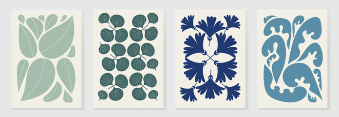 Botanical doodle background art vector set. Flower and leaves abstract shape doodle art design for print, wallpaper, clipart, wall art for home decoration.