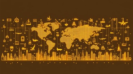Global Network Connections  World Map with City Skylines  International Business  Travel